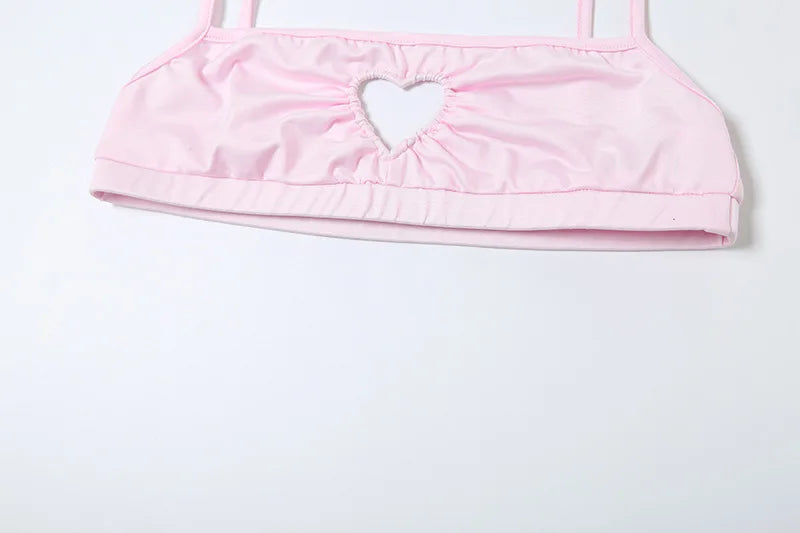 Women Sweet Pink Hollowed-out Heart Two Piece Set