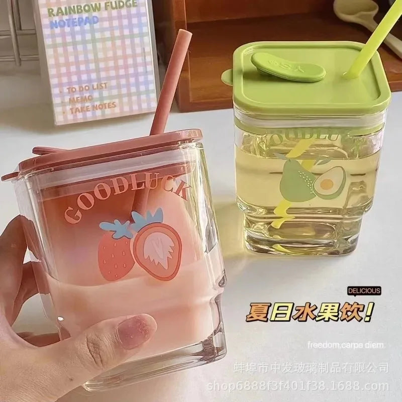 Glass Square Cup Large Capacity with Lid Cup with Straw Mug Cup
