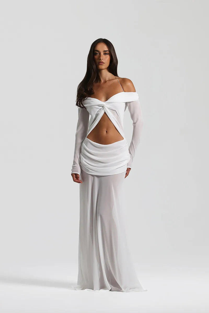 Hollow Out Ruched Sexy Maxi Dress Women Gown Halter Long Sleeve Strapless Backless Draped Slim Elegant Long Dress