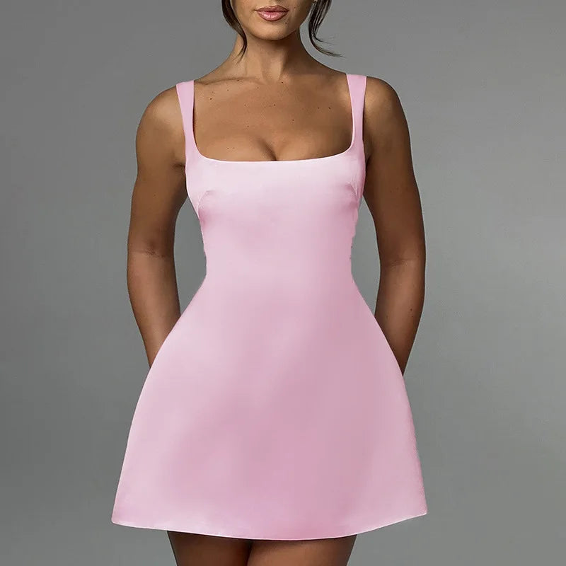 Waist Wrap Elegant A-line Dress Women Spaghetti Strap Mini Spring Summer Dress Backless Sexy Party Dress