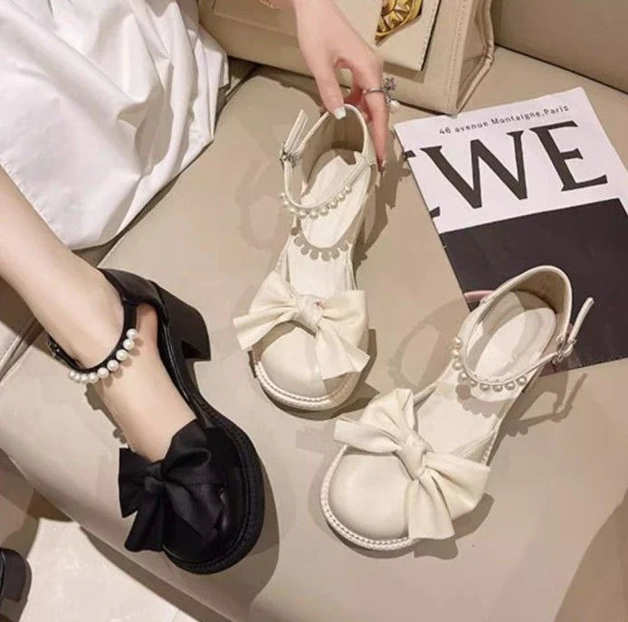Ladies Luxury Bow Pearl With Medium Heels Mary Jane Shoes