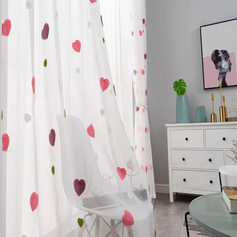 Lovely Cartoon 3D Pink Heart Embroidery Tulle For Girl Bedroom Cute Lovely Sheer Curtains Drapes