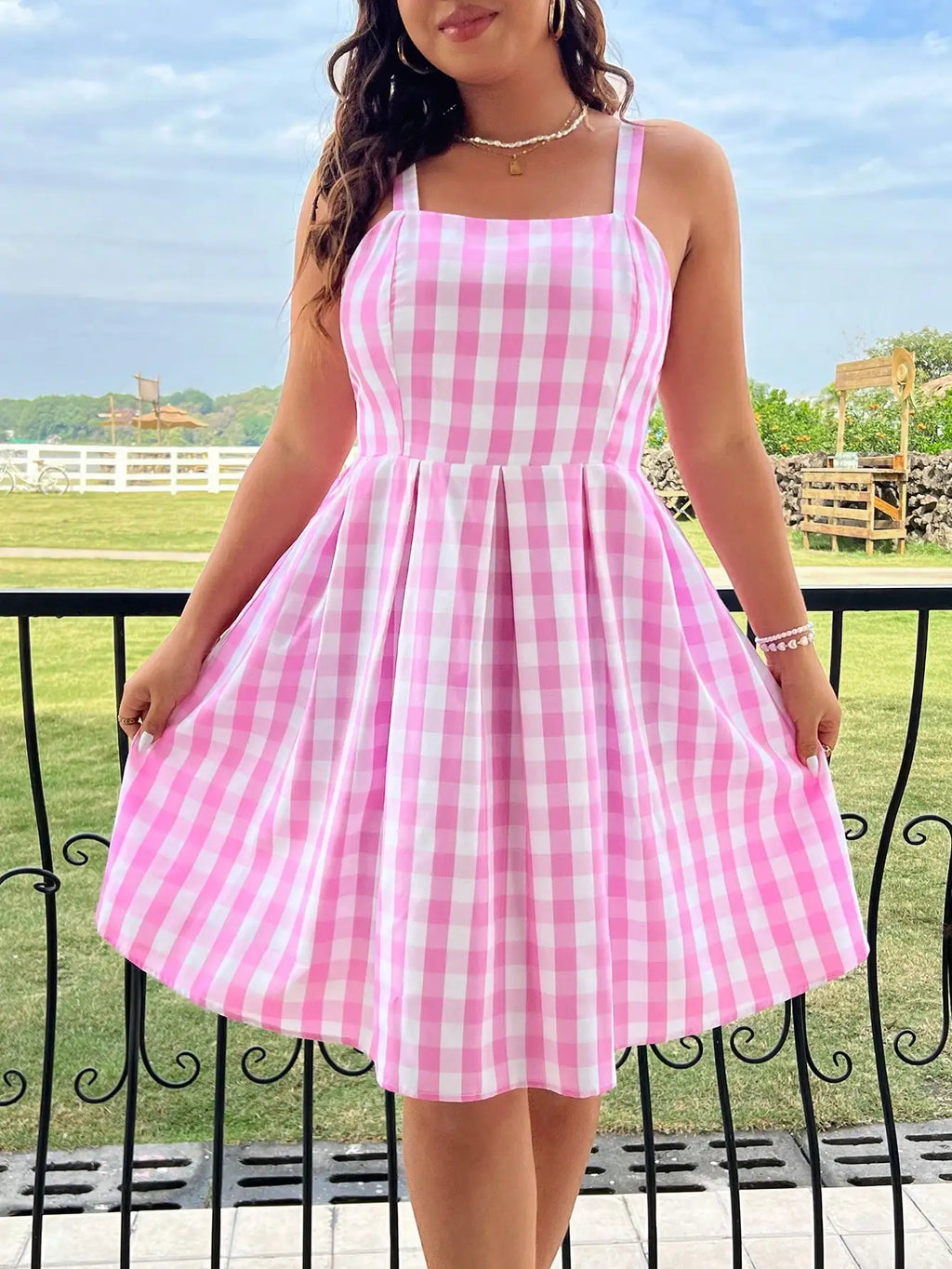 Plus Size Women's Summer New Plaid Smock Dress Sling Square Neck Dress Polyester Best for Summer
