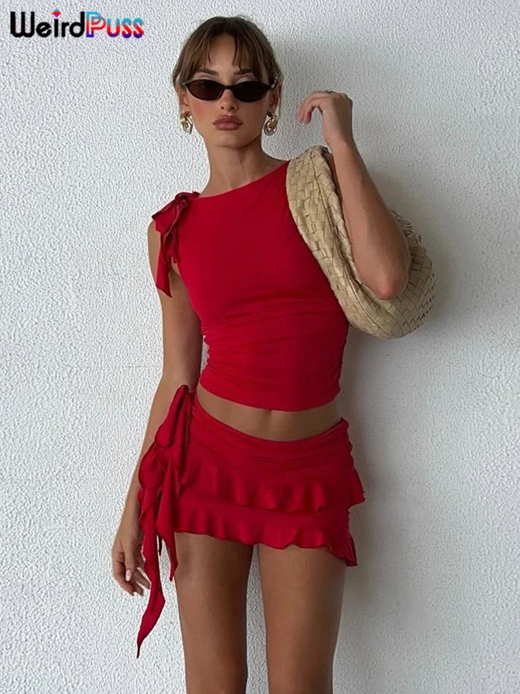 Women 2 Piece Set Double-Deck Pleated Tassel Mini Skirt+Bandage Slim Tank Top Festival Party Sexy Matching Outfits