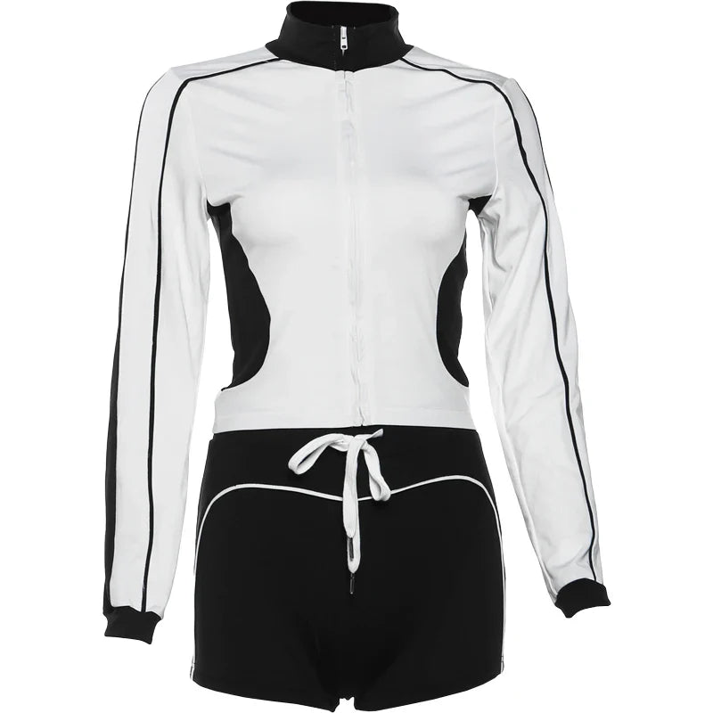 Casual Sporty 2 Piece Set Women Fall Trend Zip Hipster Patchwork Crop Jacket+Shorts Matching Classic Tracksuit Outfits