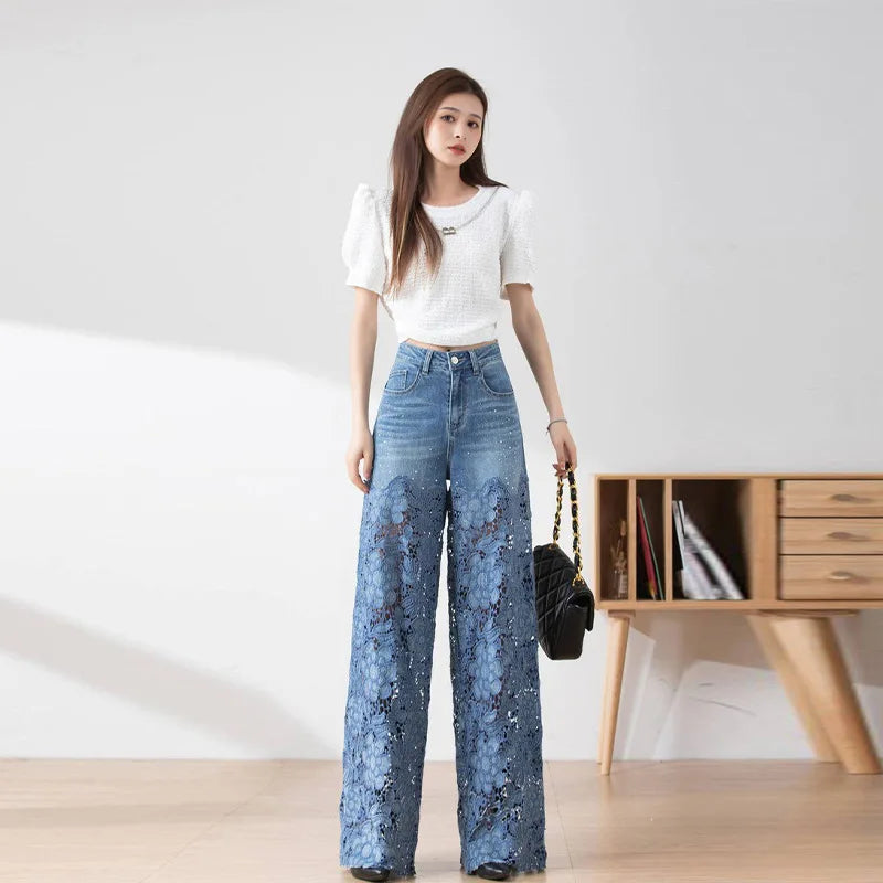 Vintage Hollow Out Lace Flowers Lady Jeans Loose Straight Denim Pants High Street Elegant Summer New Trousers Chic Fashion Pant