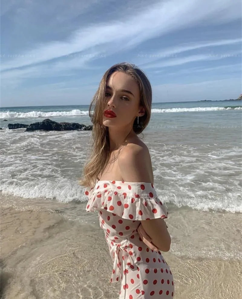 French Daisy Vintage Girl Silk Polka Dots U Neck V Back Sexy Summer Women Long Dress