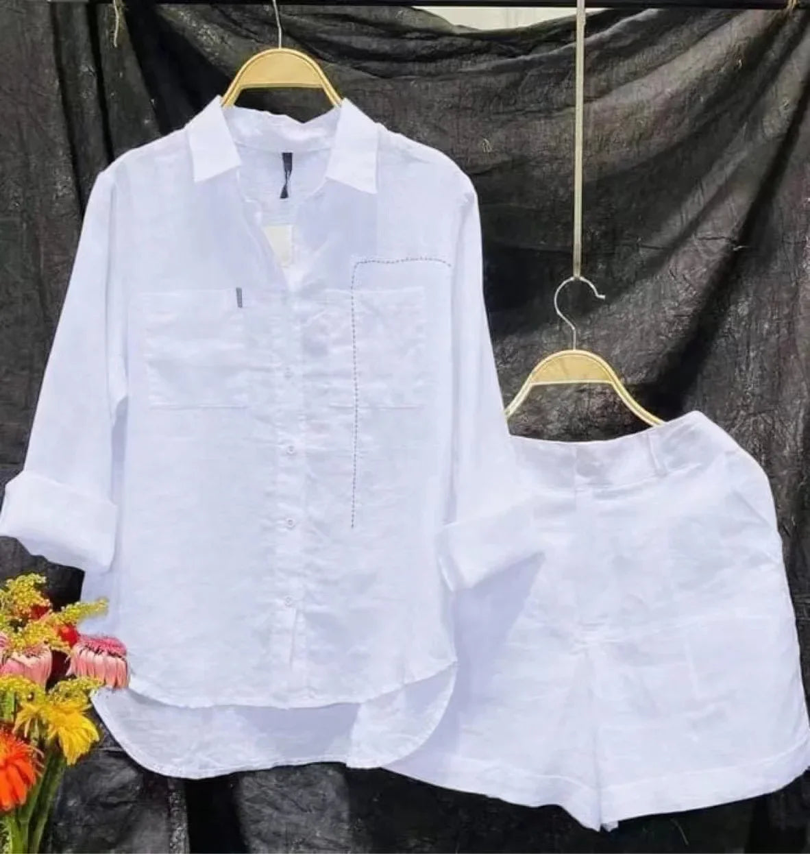 Summer Cotton Linen Casual Home 2 Piece Set For Women Long Sleeve Shirt And Shorts Two Piece Sets