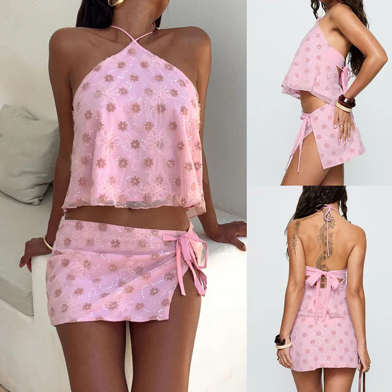 Sexy Halter Tops and Short Skirt Suit Women Fashion Pattern Printed Outfits Split Tie-Up Mini Skirt 2Pc Sets