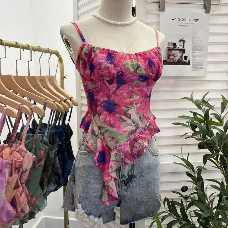 Girls Sweet Ruffles Mesh Camisole Top Lady Camis Sleeveless Printed Floral T shirts Stretch Slim Tanks For Slim Women