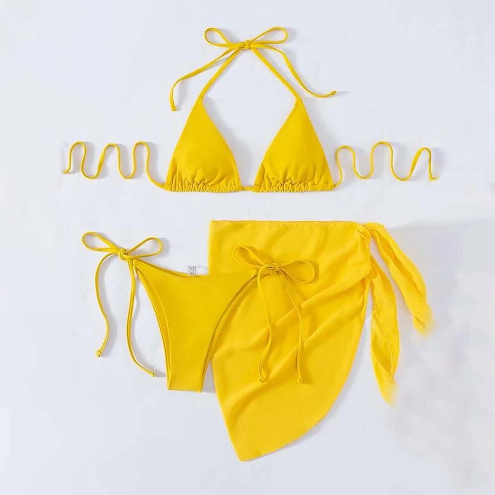 Women Push Up Bikinis Set 3 Piece Mesh Skirts Kontted Bathing Suit Beachwear