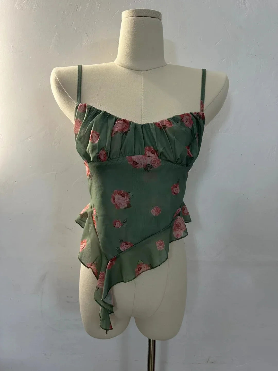 Girls Sweet Ruffles Mesh Camisole Top Lady Camis Sleeveless Printed Floral T shirts Stretch Slim Tanks For Slim Women