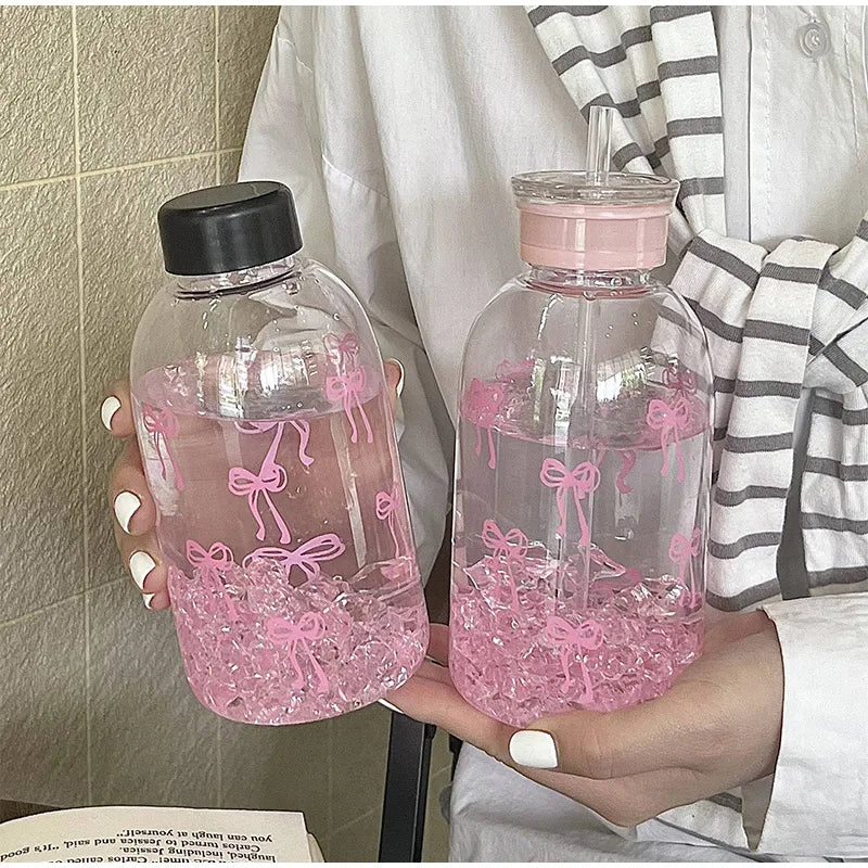 Cute Bow Plastic Bottle Ice With Straw Lid Sweet High-value Bow Cup Portable Cup