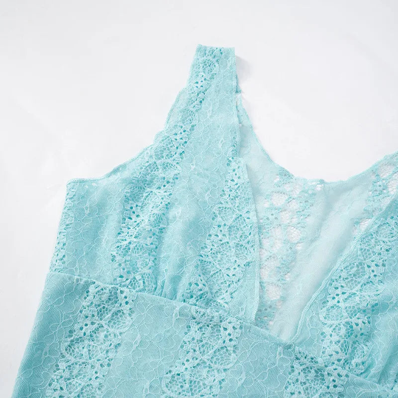 Woman Clothes Lace Tank Tops Sexy Deep V-neck See-through Sleeveless Blue T Shirt Female Corset Crop Top Party Clubwear