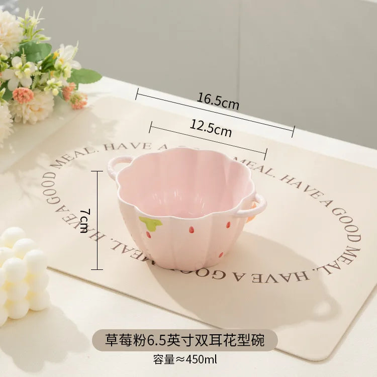 Strawberry Double Ear Ceramic Bowl,Cream 6.5-inch 9.5-inch Soup Bowl with Handle Home