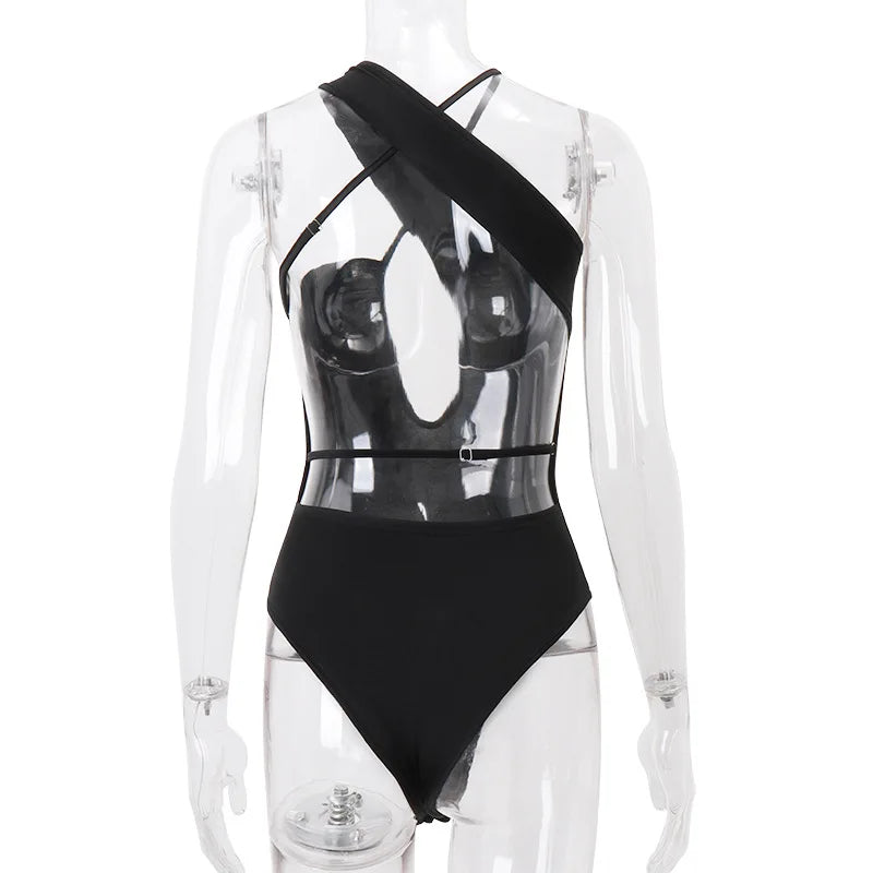 Cross Spaghetti Strap Black Bodysuit Women Cleavage Backless Sexy Solid Camisole Thong