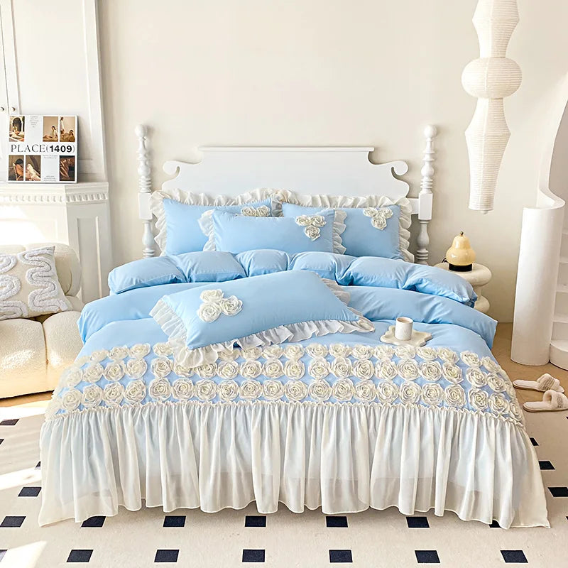Soft Three-dimensional Flowers Embroidery Lace Ruffles Princess Bedding Set Duvet Cover With Pillowcases