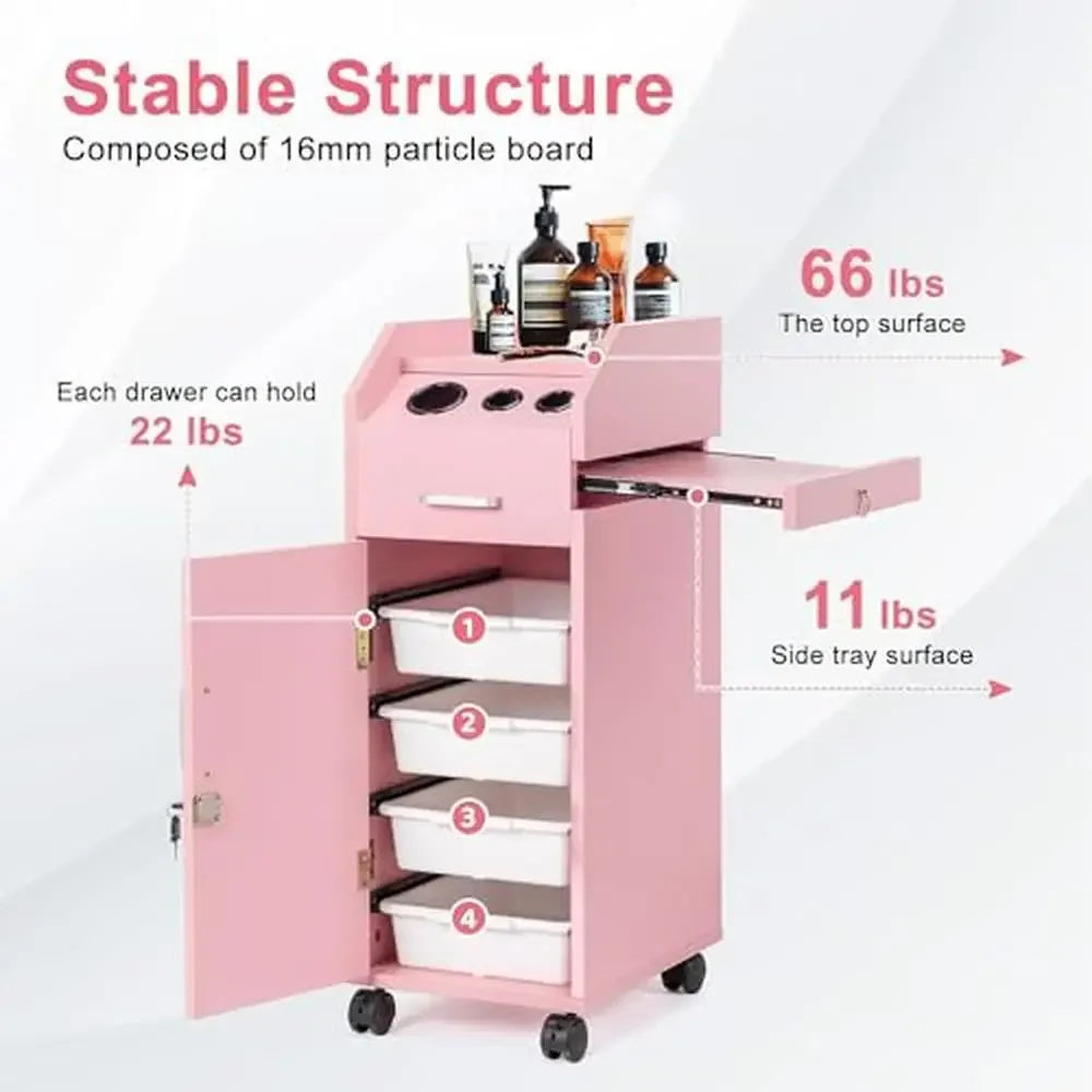 Hair Salon Trolley Cart with Lockable Wheels & 3 Hair Dryer Holders & 4 Drawers & Side Storage Tray Pink Cart