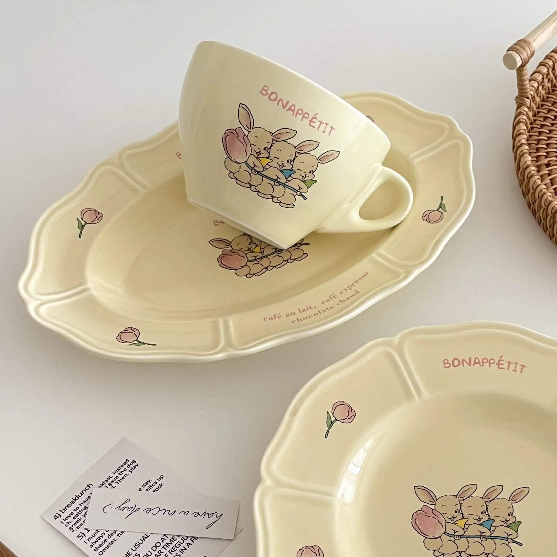 Vintage Plate French Three Rabbit Plate Tulip Cream Lace Plate Irregular Dessert Ceramic Oval Plate & Cup