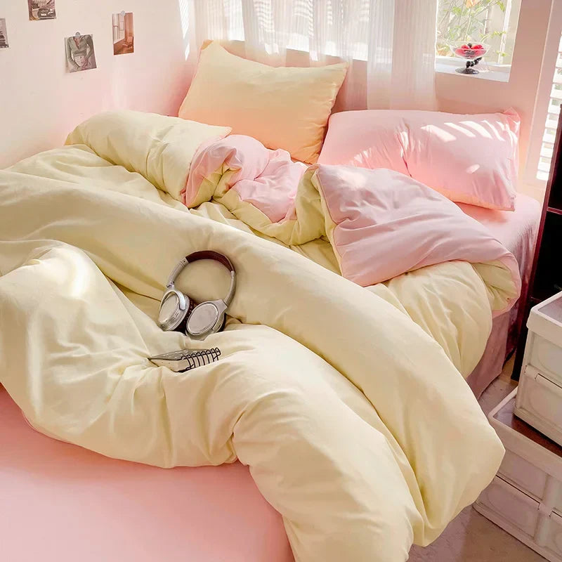 Solid Bed Linen Cotton Bedding Set 4pcs with Sheet Duvet Cover Pillowcases Single Couple Bedsheet