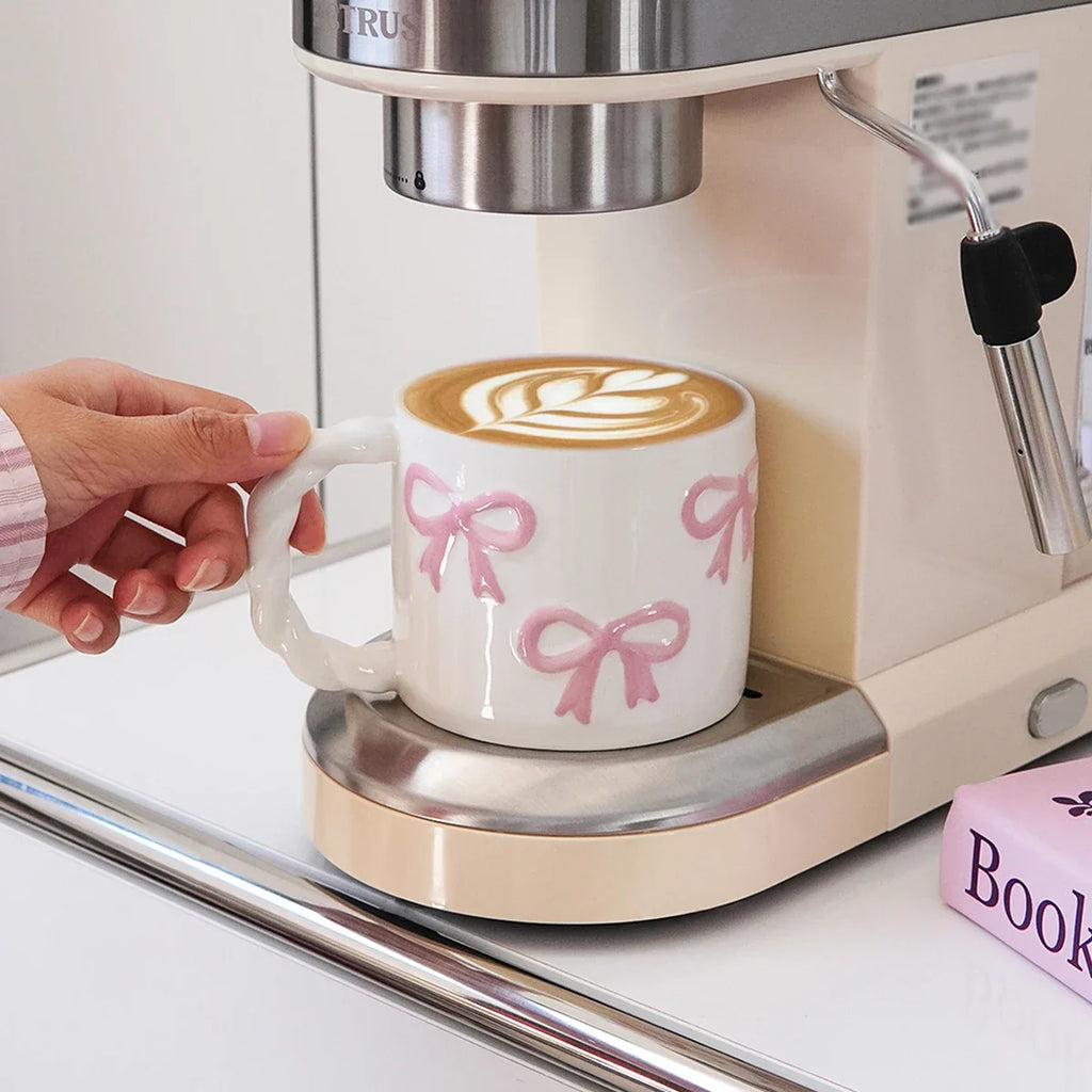 Pink Bow Ceramic Mug, Twist Handle Ceramic Mug, Exquisite and Simple Pink Embossed Mug