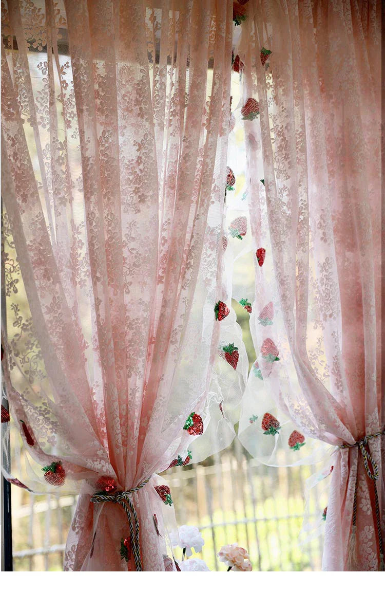 French Pink Lace Cute Strawberry Sequin Lace Curtains