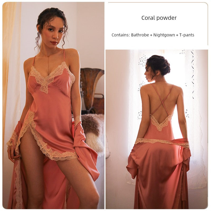 Women's Sexy Lace Pajamas Fancy Ice Silk Strap Night Dress