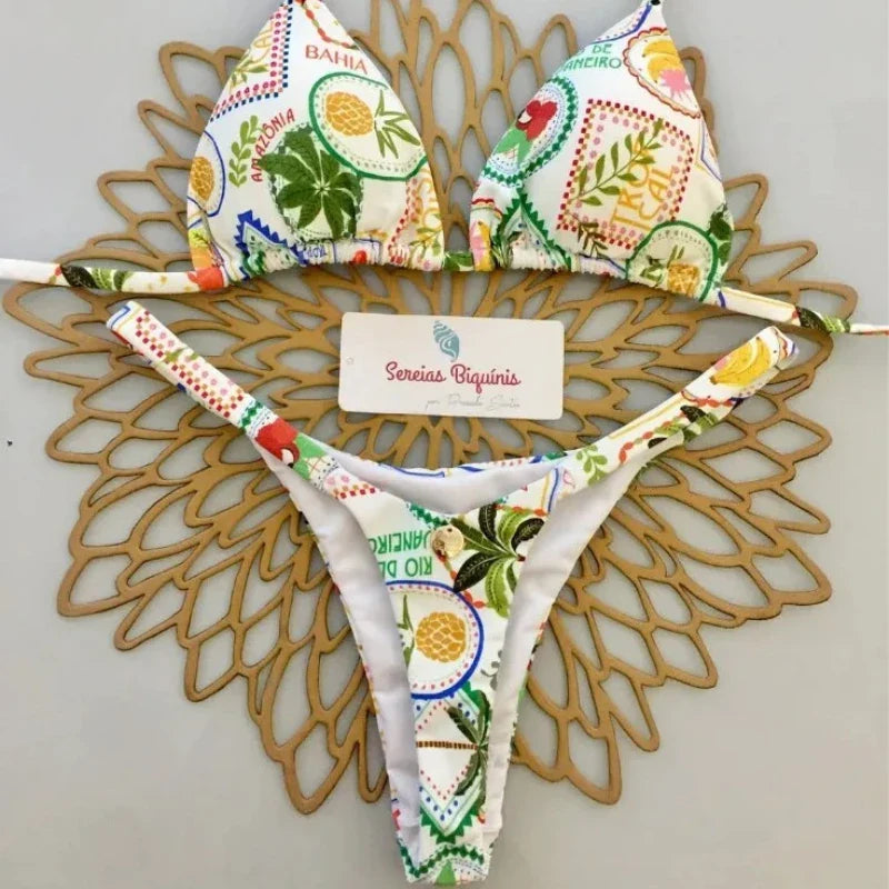 Sexy Bikini Sets Halter Lace-up Tops Thongs Beach Style Bathing Suit Swimsuits for Women