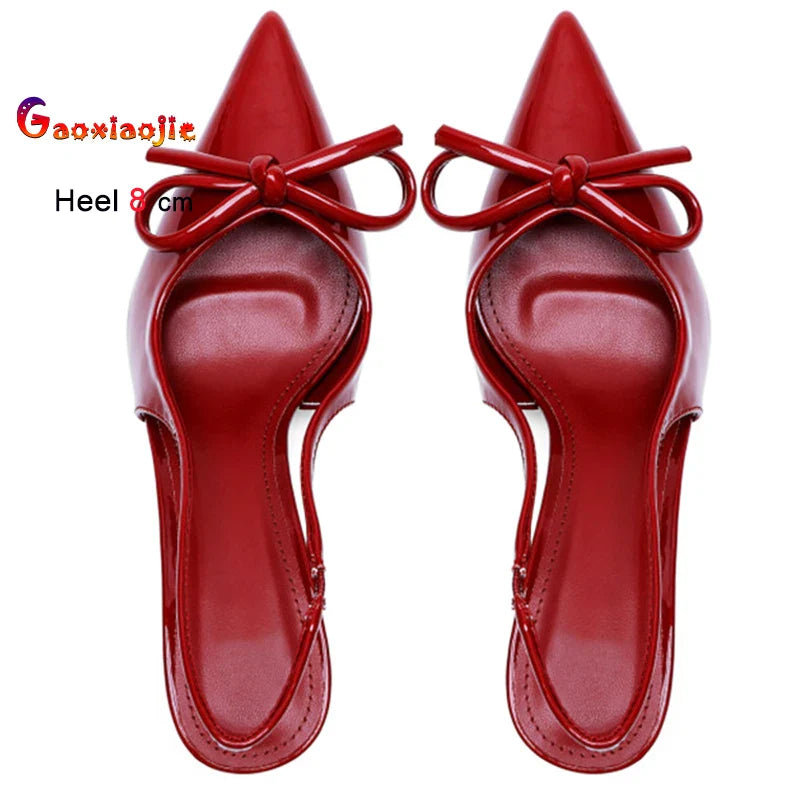 Sexy Women's Red Bow Pointed Toe Patent Leather Back Strap Stiletto Shoes