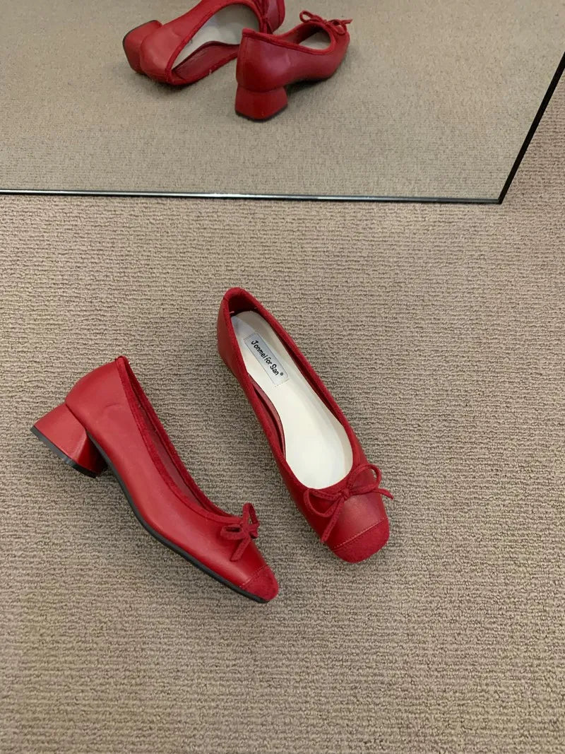 Fashion Elegant Red Ballerinas Women Pumps Slip on Loafers Round Toe Square Heels Bowknot Low Heel Shoes