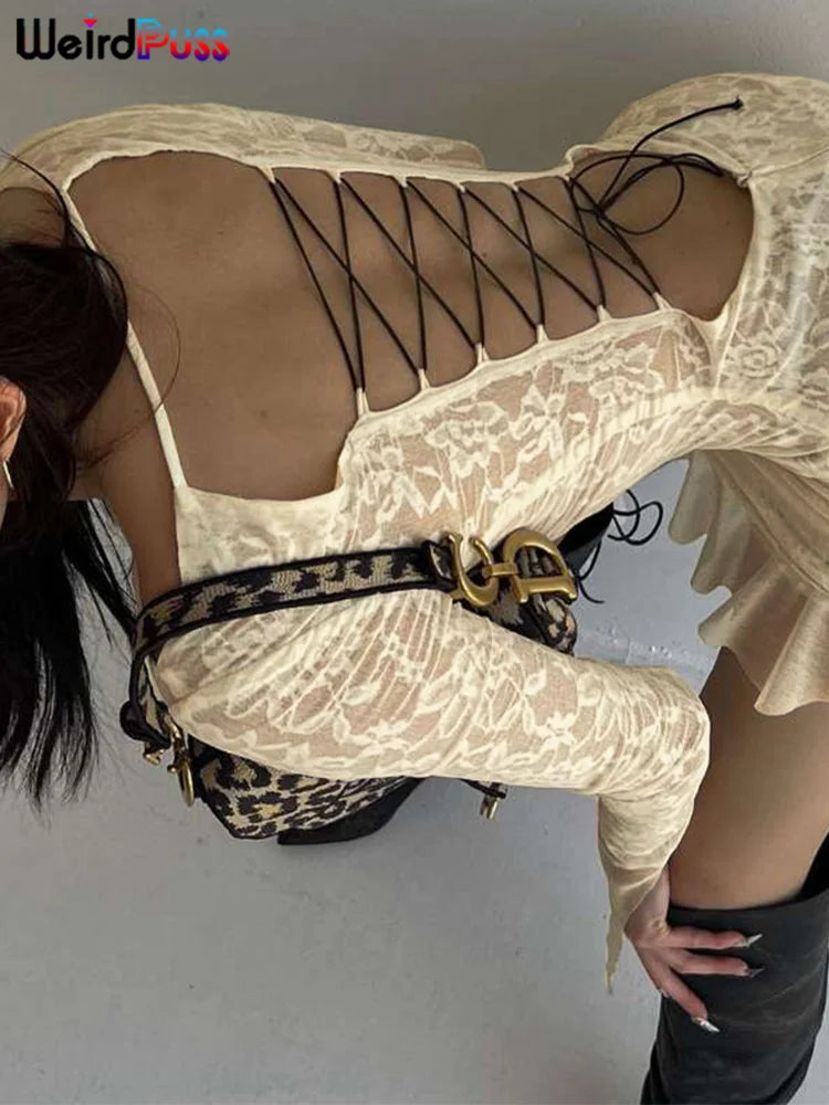 Lace Patchwork Dress Woman Sexy See Through Bandage Backless Ruffles Long Sleeve Irregular Hem Skinny Bodycon