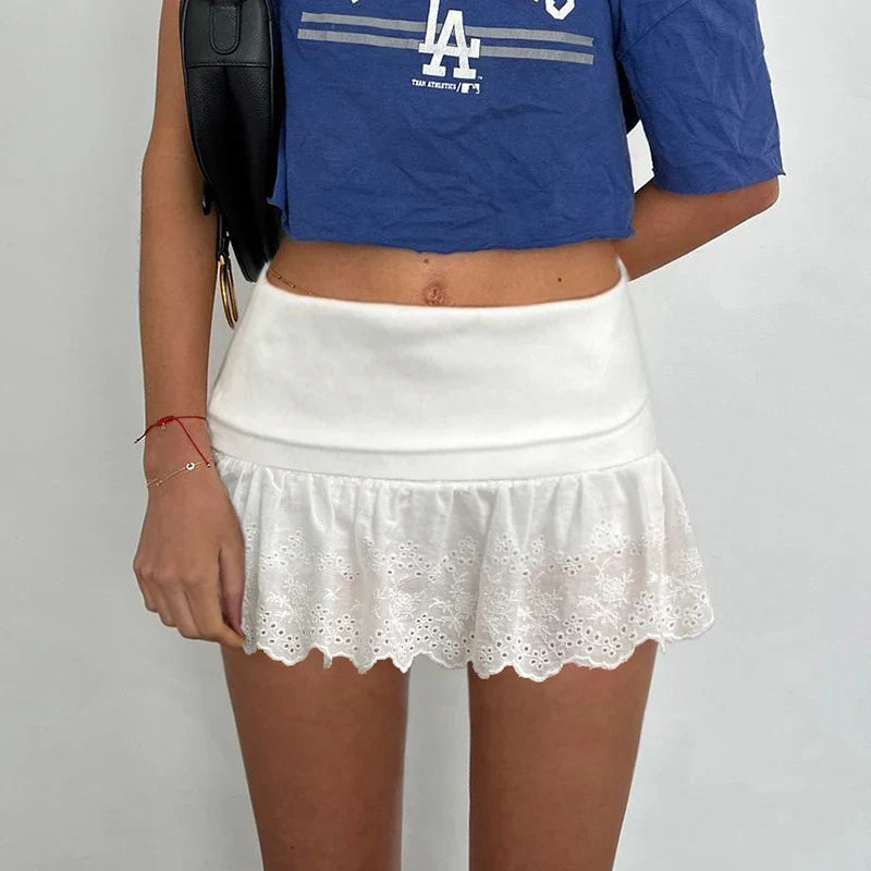 White Lace Pleated Skirt with Shorts Cute Coquette Low Rise Patchwork Super-short Mini Skirt