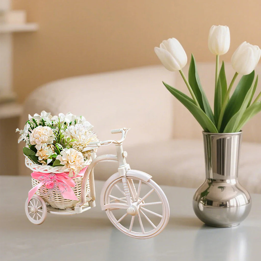 Plastic Flower Basket Vase Pink Tricycle Bicycle Model Home Garden Wedding Party Decor Romantic Cute Decor Figurines Miniatures