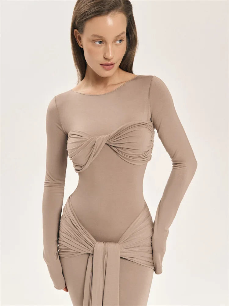 Female Pleated Sexy Maxi Dress Patchwork Twist Slim Long Sleeve Solid Women's Bodycon Dress