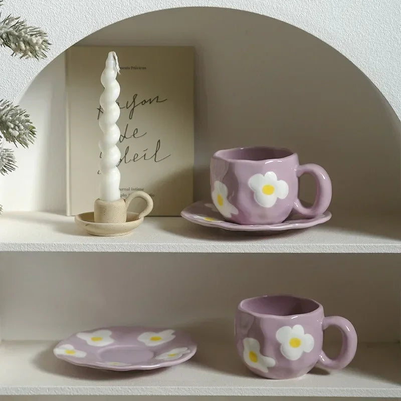 Ceramic Coffe Mug Hand Pinched Irregular Hand-painted Love Heart Cherry Pattern Cup with Saucer