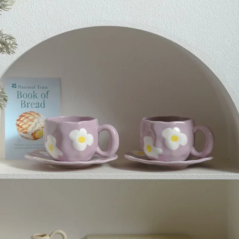 Ceramic Coffe Mug Hand Pinched Irregular Hand-painted Love Heart Cherry Pattern Cup with Saucer