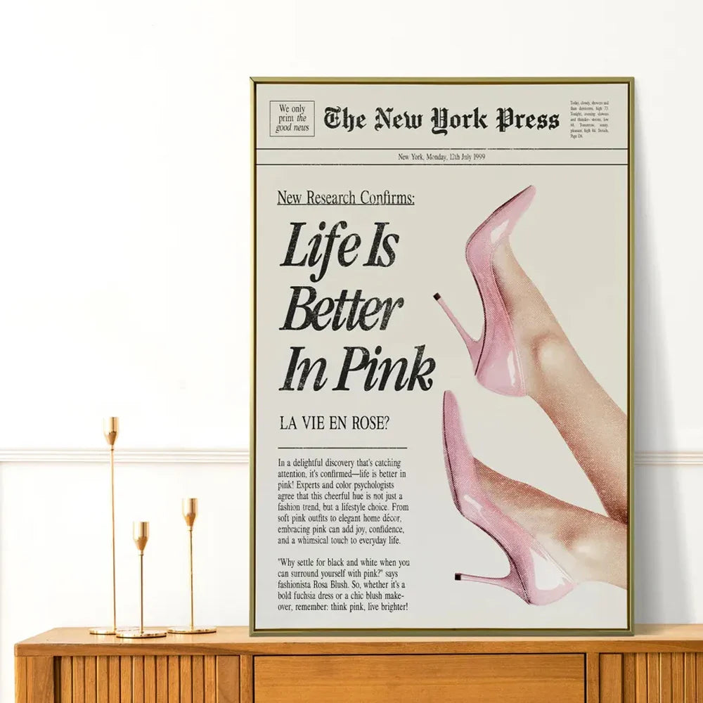 Frameless Life is Better in Pink Poster Canvas Painting Vintage Aesthetic Wall Art for Living Room Home Office Bedroom Decor