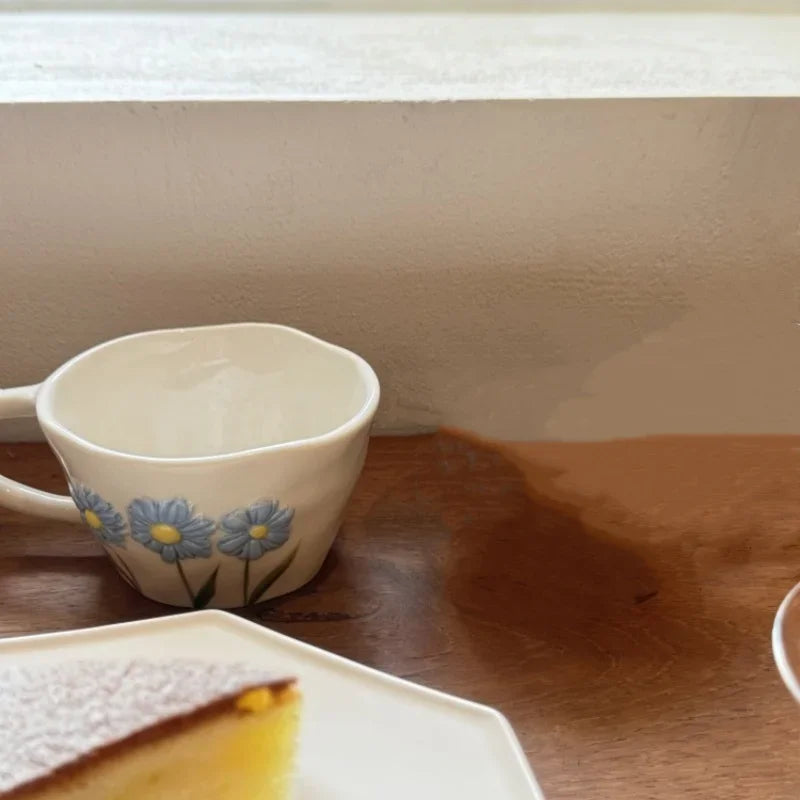 Hand Pinched Irregular Ceramic Hand-drawn Daisy Milk Tea Cup Pink Bow