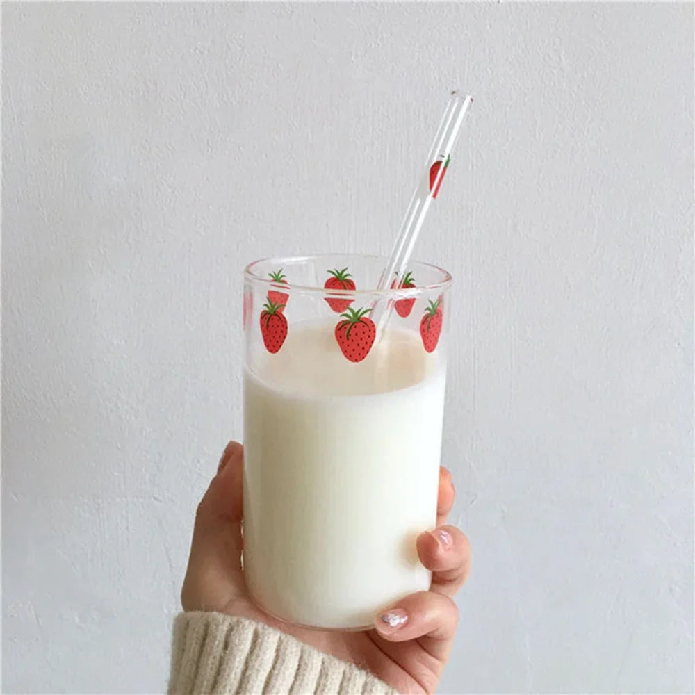 Strawberry Cute Glass Cup With Straw Creative Transparent Water Cup Student Milk Heat Resistant Glass 300ml