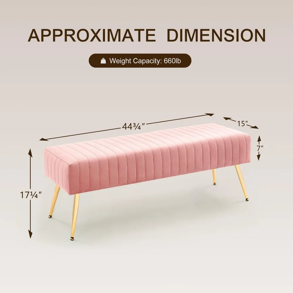 Pink Velvet Ottoman Bench, Modern Upholstered Bedroom Benches Footrest Stool Indoor Bench for Entryway Living Room Bedroom 44 Inch