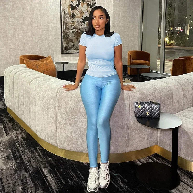 Casual Women 2 Piece Set Tracksuit Shorts Sleeve Crop Tops+Silky Leggings Matching