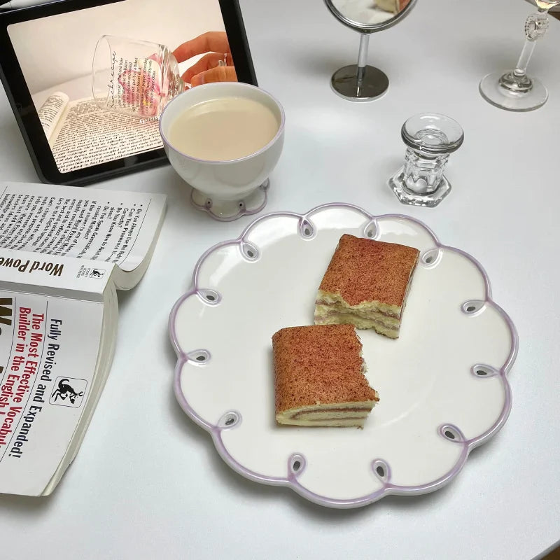 Ceramic Plate Floral Shape Solid Color Hollow Out Flat Dinnerware Afternoon Tea Cake Cookies Dessert Plates