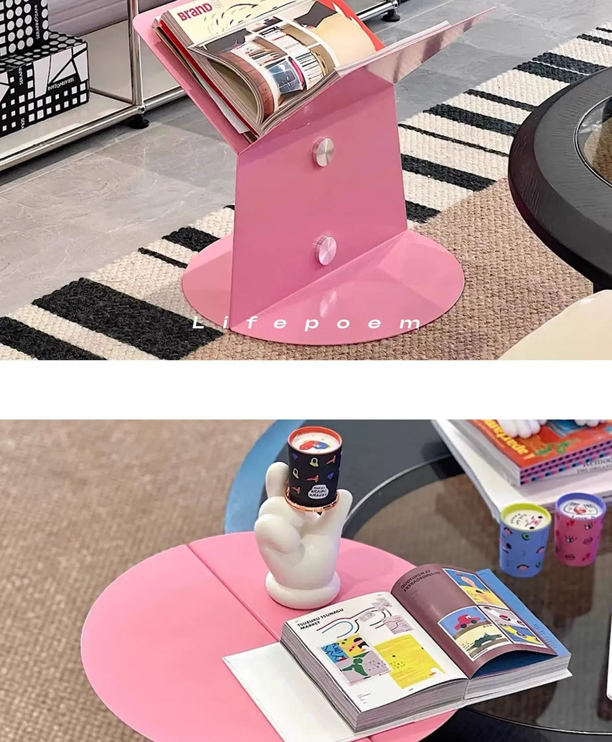 Y2K Pink Side Table - Dopamine Aesthetic Bedside Table with Magazine Rack
