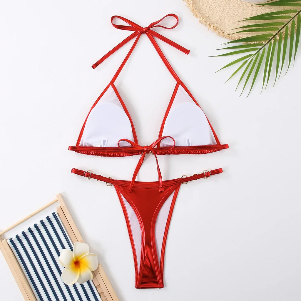 Shiny Micro Bikini Women Sexy PU Pearls Push Up Thong Swimsuit Summer Bathing Suit