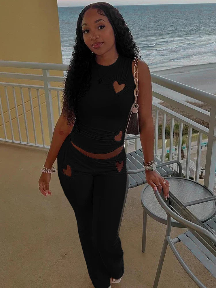 Heart Hollow 2 Piece Set Women o-Neck Sleeveless Tops+Skinny Stretch Pants