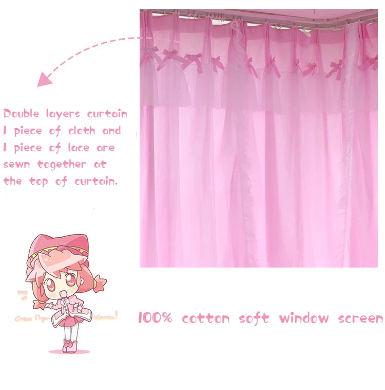 Princess Style Window Curtains, Cotton, Pink Lace, 2 Layer Curtain