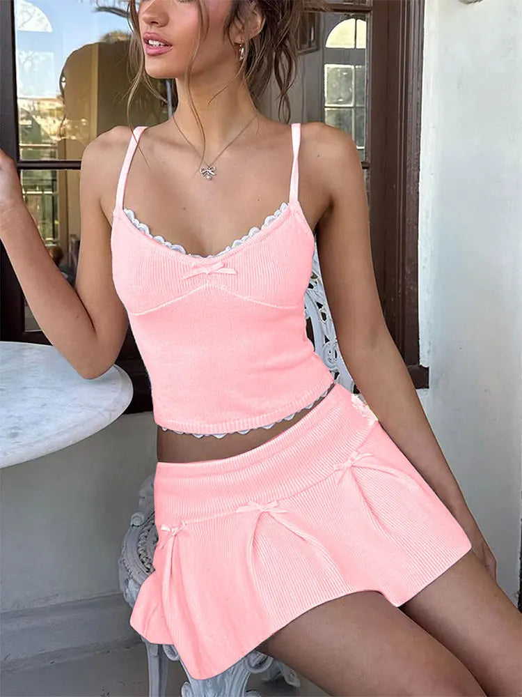 Women's 2 Piece Streetwear New Bow Pleated Skirt Pink Sweet Sexy Lace Backless V-Neck