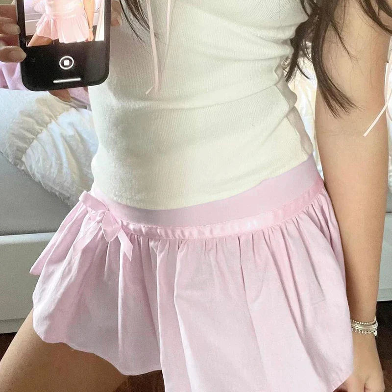 Hot-sweet Pink Spliced Summer Mini Skirt Bow Fashion Cute Folds A-Line Women Skirts Coquette Clothes
