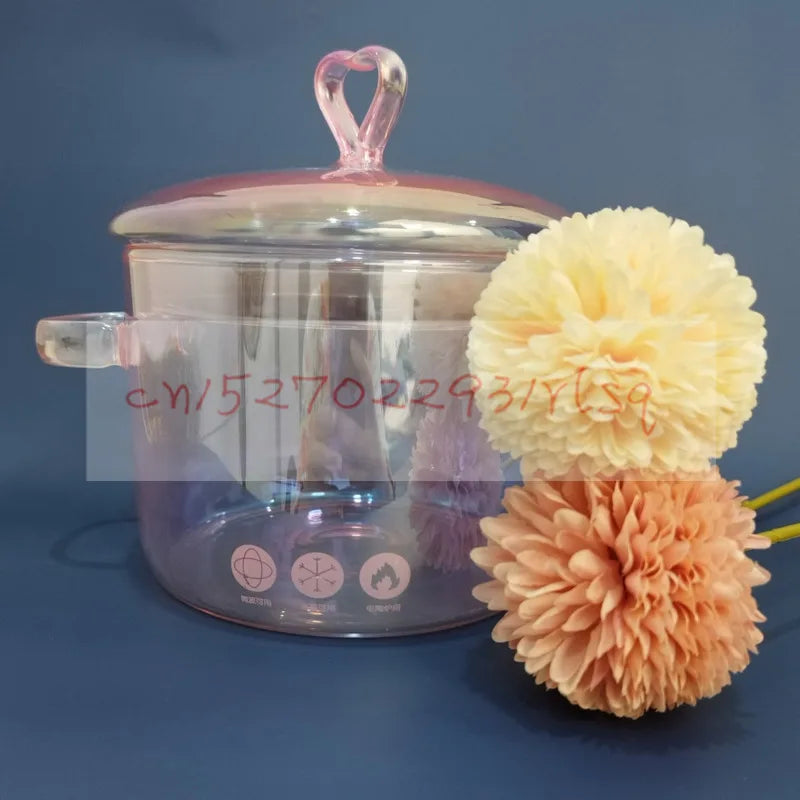 Pink Flower Instant Noodles Glass Pot Can Be Heated Soup Pot Double Ears Salad Bowl Covered with a Large Capacity Bowl