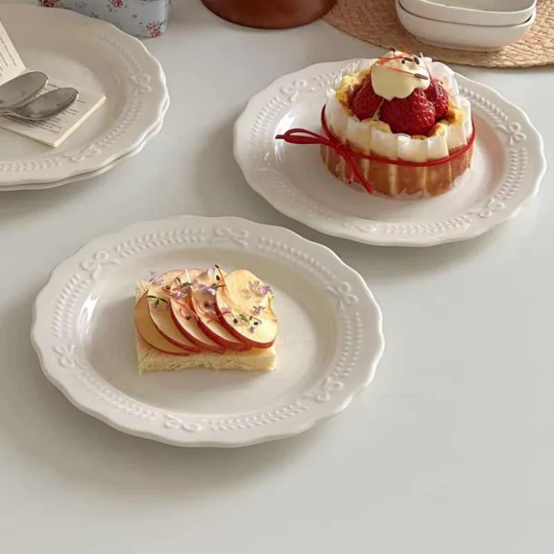 White Bow Embossed Ceramic Plate Dish Simple Dessert Disc 20.5cm Tableware